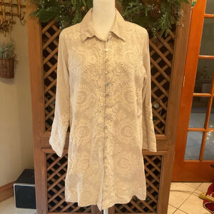 Soft Surroundings Cream Embroidered Linen Button Front Tunic Blouse Size M